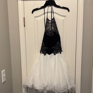 Blondie Nites Black and White Halter Dress